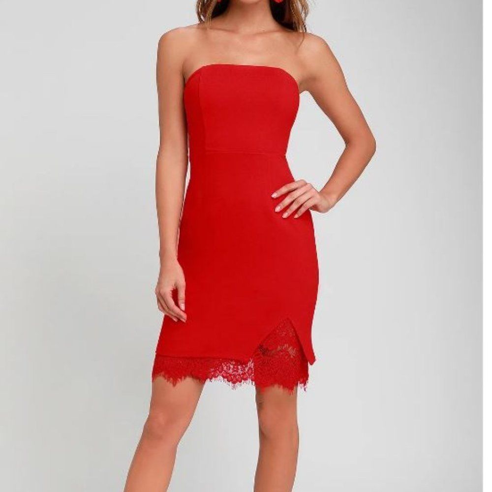 NWT LULUS Mateo Red Lace Strapless Bodycon Dress Red Size Medium